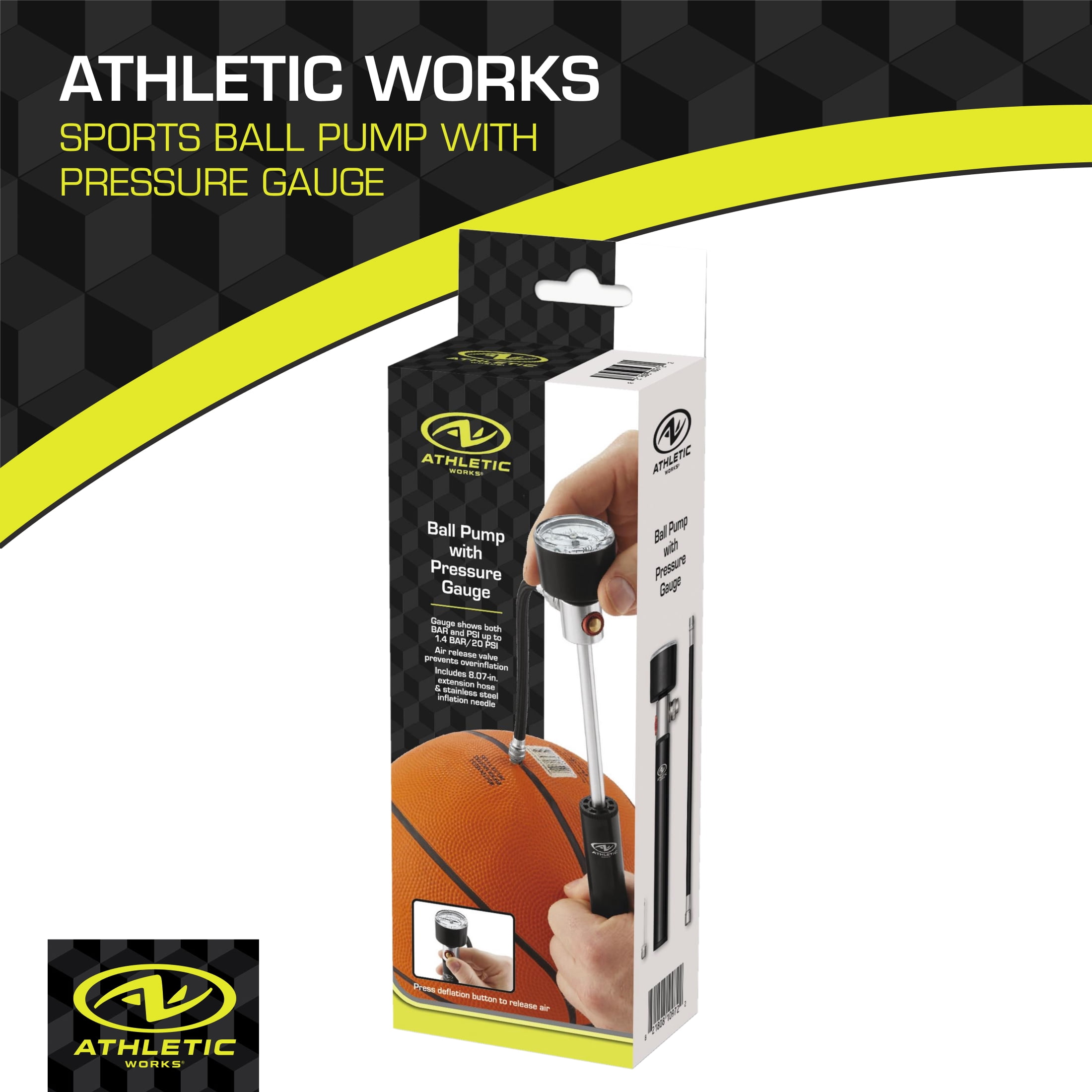 Athletic Works Sports Ball Pump with Pressure Gauge, Hose & Needle, Quick & Easy Inflation