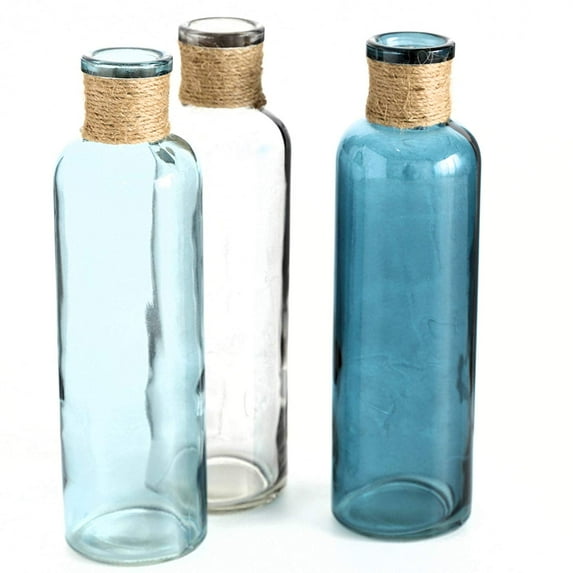 Beach Chic Rope Topped Vases, Set of 3, Jute and Lacquered Glass, Blue, Turquoise and Clear, 8 3/4 Inches Tall