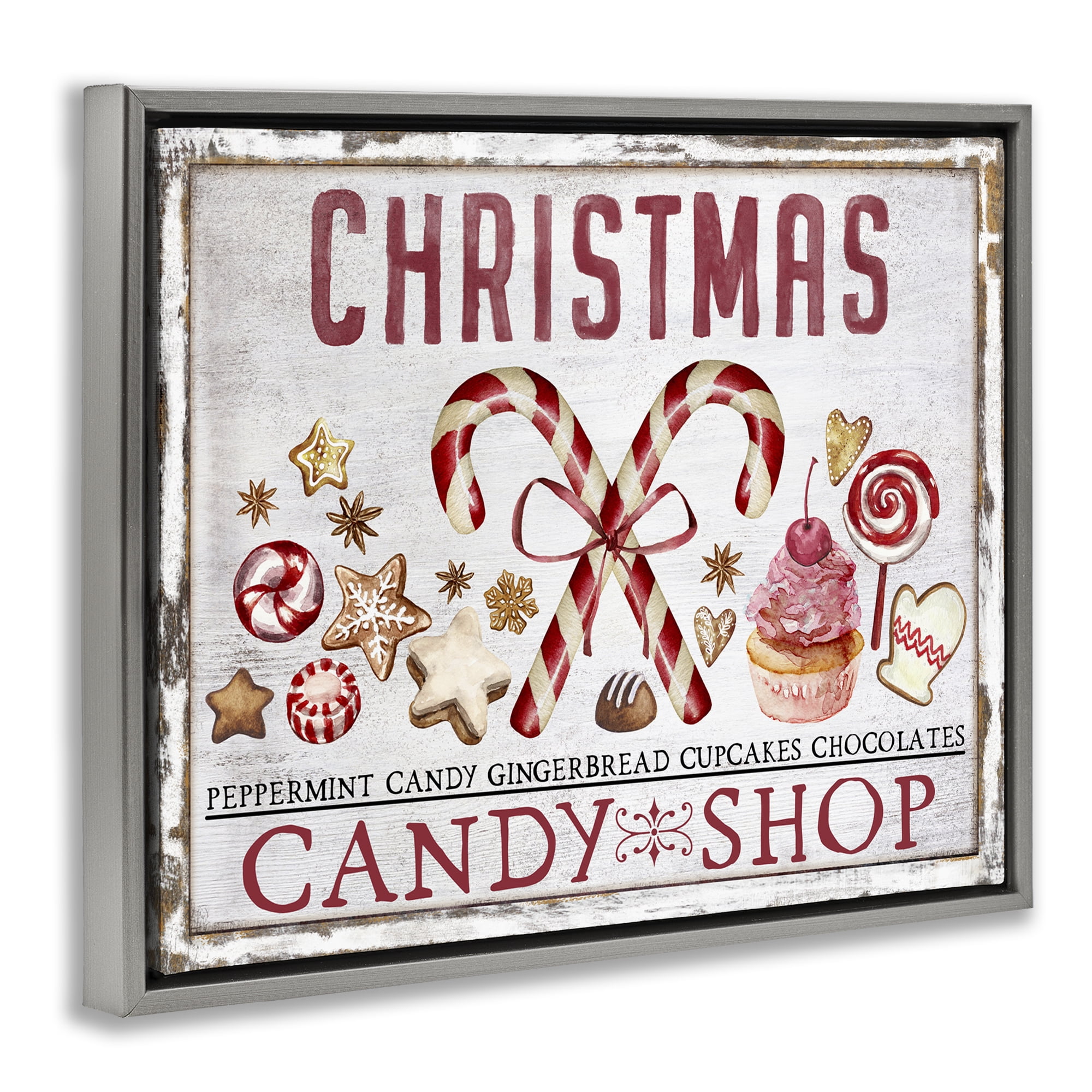 Stupell Industries Candy Shop Christmas Holiday Painting Gray Floater Framed Canvas Art Prints Wall Art, 31 x 25
