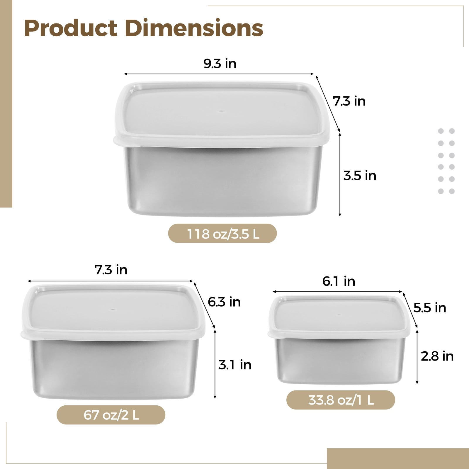 3 Pcs Stainless Steel Food Storage Containers, Square Bento Boxes with Airtight Lid, Snack Salad Boxes, Stackable & Nestable Meal Prep Containers for Freezer, 20.3 & 33.8, & 67.6 oz