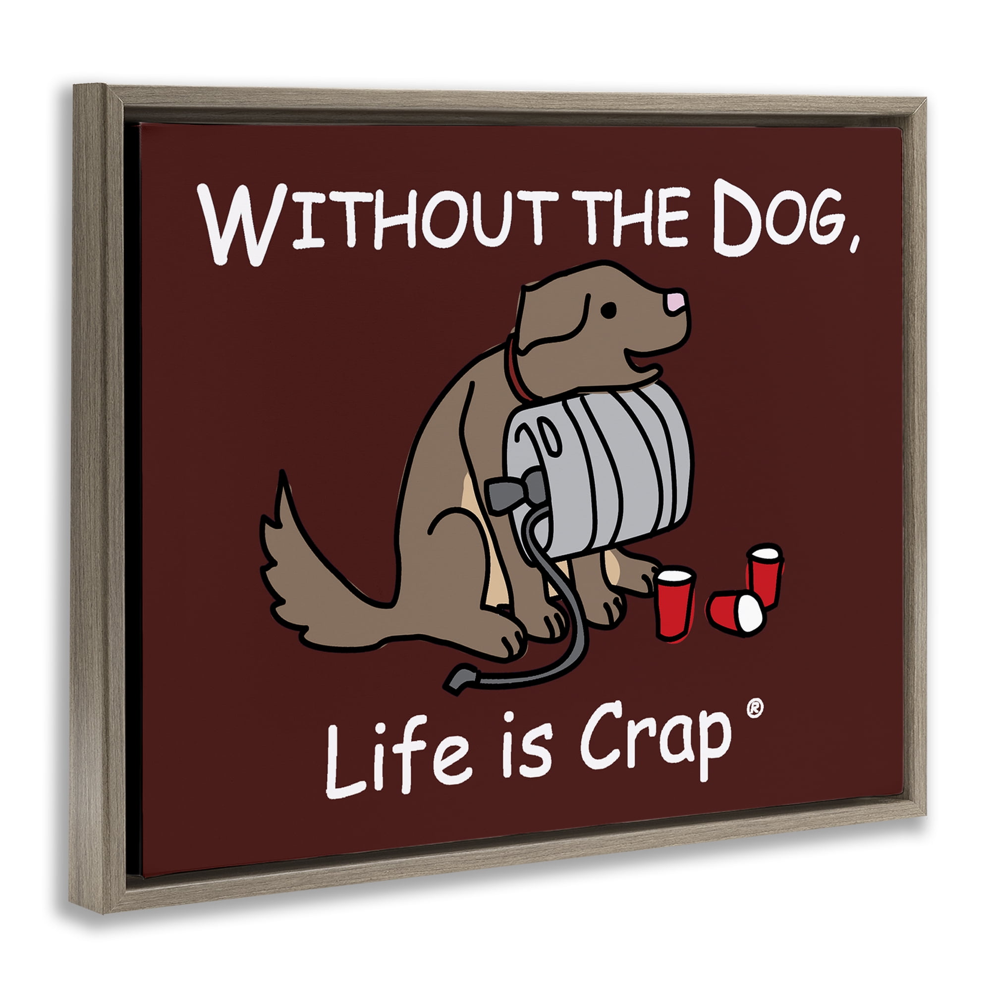 Stupell Industries Funny Dog & Keg Novelty & Humor Painting Brown Floater Framed Canvas Art Print Wall Art, 21 x 17