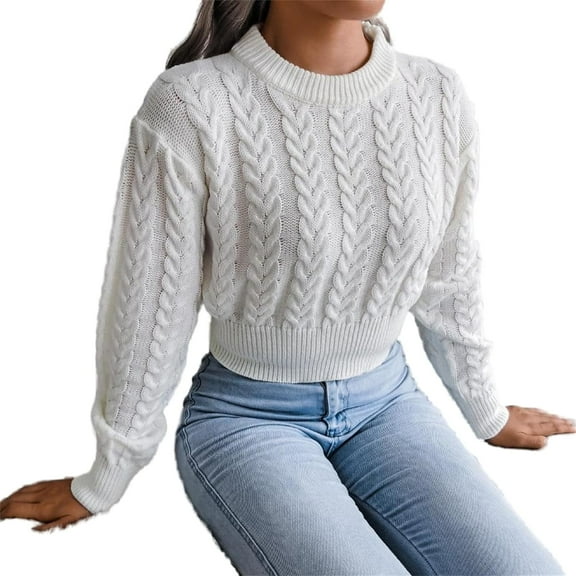 Women Casual Knitted Pullover Sweaters Sexy Mock Neck Long Sleeve Cable Knit Crop Sweater Trendy Casual Fall Jumper
