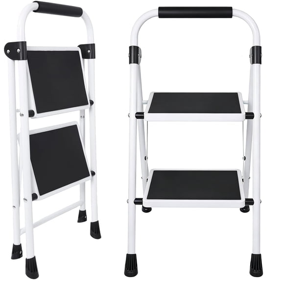 Casabay 2-Step Folding Ladder, Anti-Slip Wide Pedals Steel Step Stool with Handle, 330 Lbs Capacity Lightweight Compact Ladder for Home & Outdoor Use, Black
