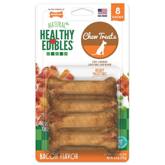Nylabone Healthy Edibles Natural Dog Treats, Long Lasting Dog Bones, Bacon Flavor Dog Treats, For X-Small Dogs (8 Count)