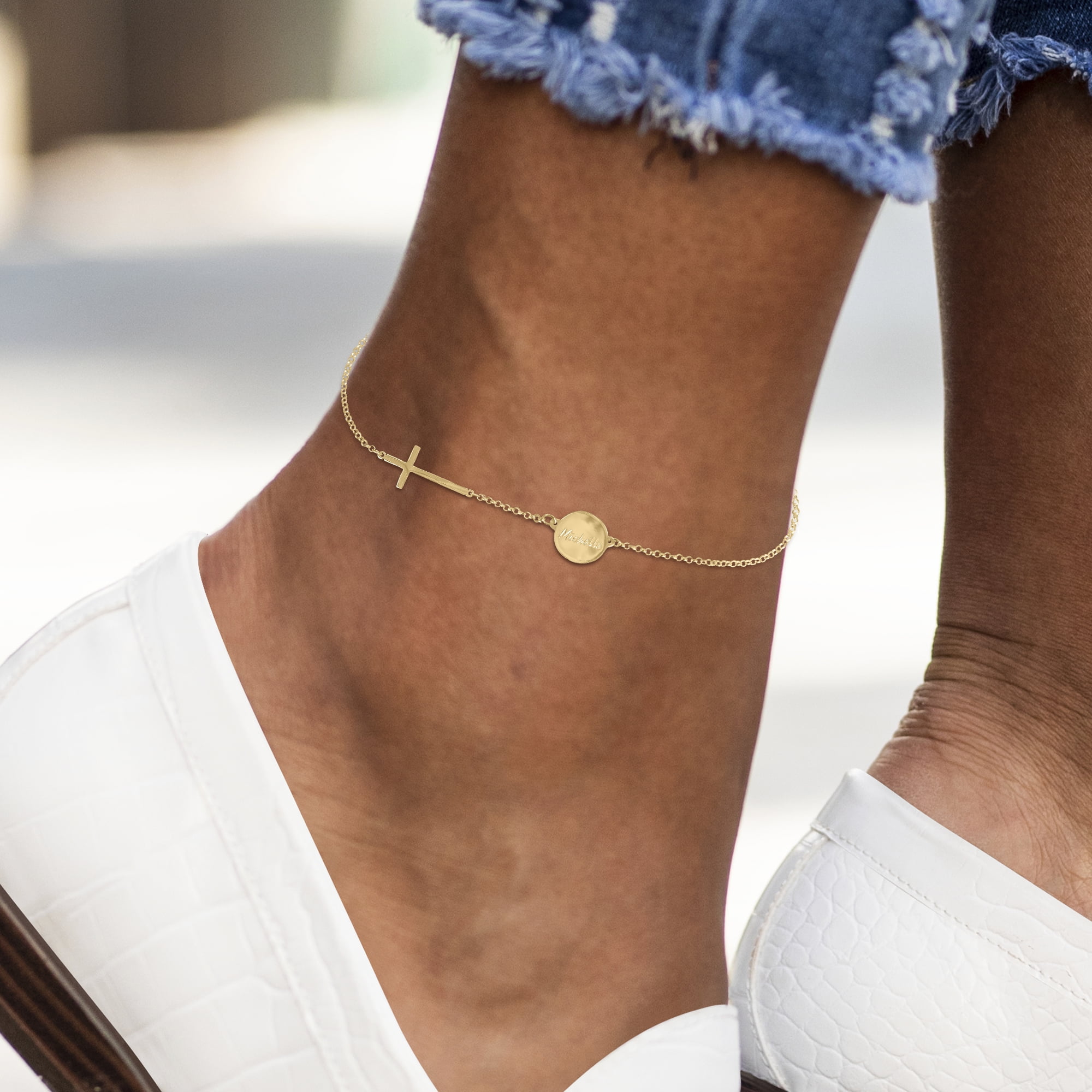 Personalized Engraved Graceful Disc Cross Station Anklet