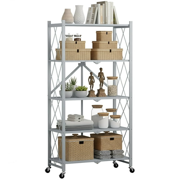 5 Tier Foldable Storage Shelves with Wheels, 28"Lx13"Dx63"H Metal Shelves, Freestanding Wire Folding Shelving Unit, No Assembly Organizer Rack for Garage Kitchen, Basement, Pantry(Gray)