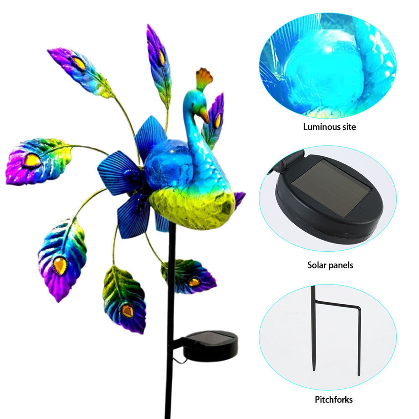 Solar Peacock Windmill Light Outdoor Garden Decor with Spinning Metal Tail & Crack Glass Ball, Auto-On LED Solar Lamp for Yard Patio Pathway, IP65 Waterproof, 117cm Height, Warm White Lighting