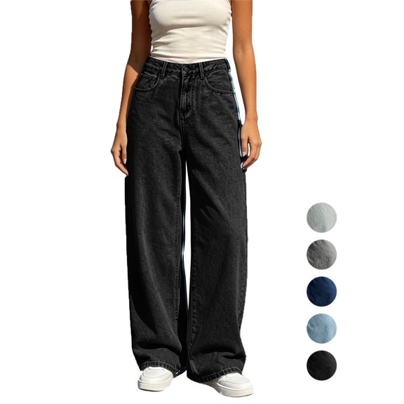 Denim Pants For Women High Waist Pocket Wide Leg Flared Skinny Button Trousers Denim Pants For Women 4-16 Black,12