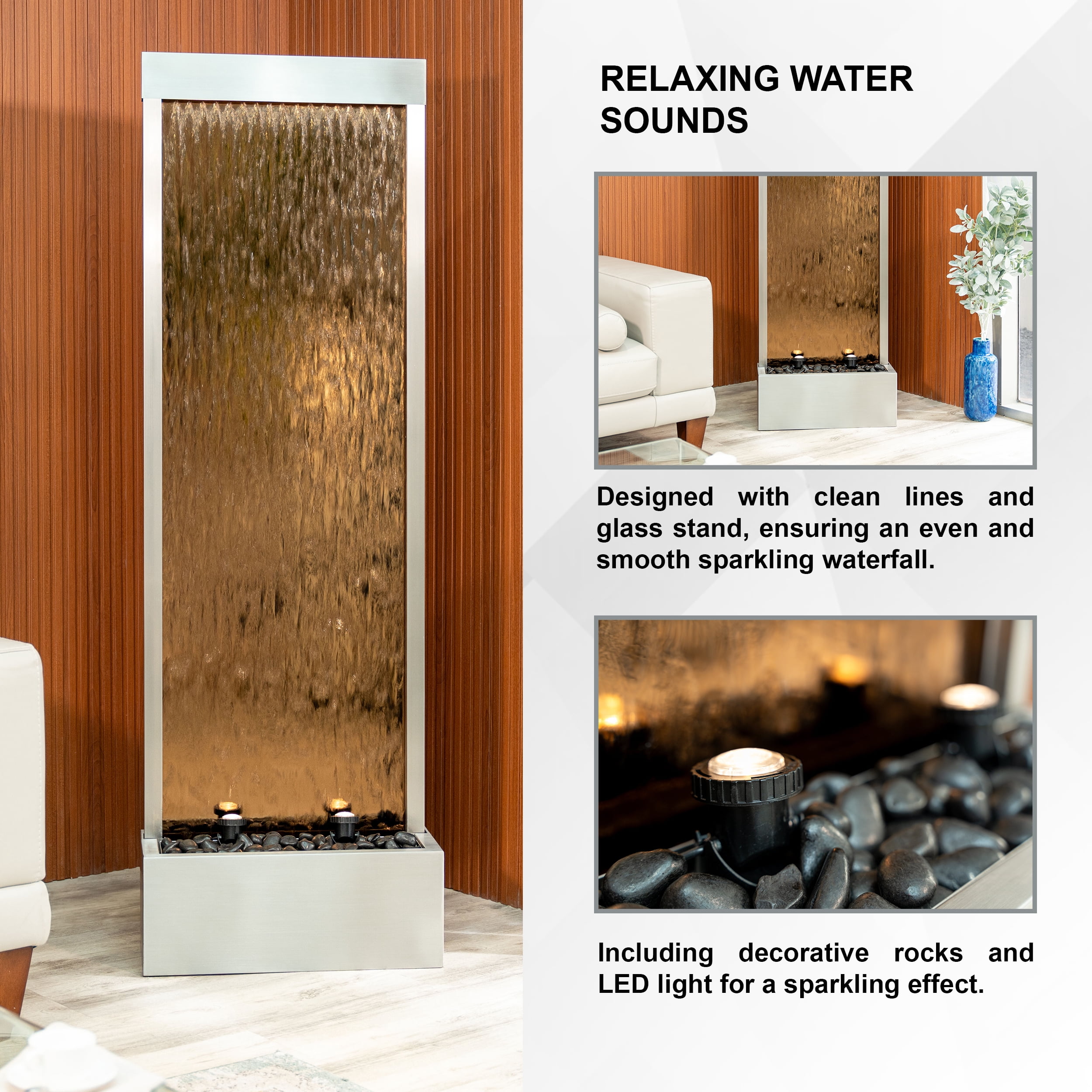 XBrand 68" H Freestanding Modern Indoor/Outdoor Waterfall Fountain w/ Decorative Rocks, LED Lights & Auto-Shut Off Pump, Stainless Steel Silver Frame/ Bronze Glass