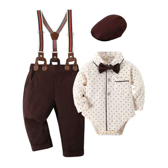 Baby Boy Suit Clothes 0-18M Infant Tuxedo Gentleman Outfits Long Sleeve Suspender Pants Bowtie Hat