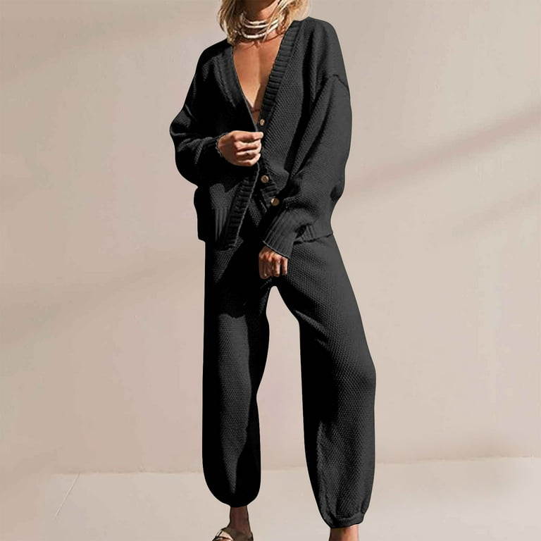 Shomport Women s 2 Piece Outfits Sweater Sets Oversized Knit Cardigan and High Waisted Baggy Pants Loose Lounge Sets Black Size XL