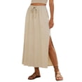 thumbnail image 2 of Skirts for Women Midi Length Ladies Fashion Women Solid Color Elastic Waist Drawstring Ladies Long Skirts Khaki M, 2 of 5