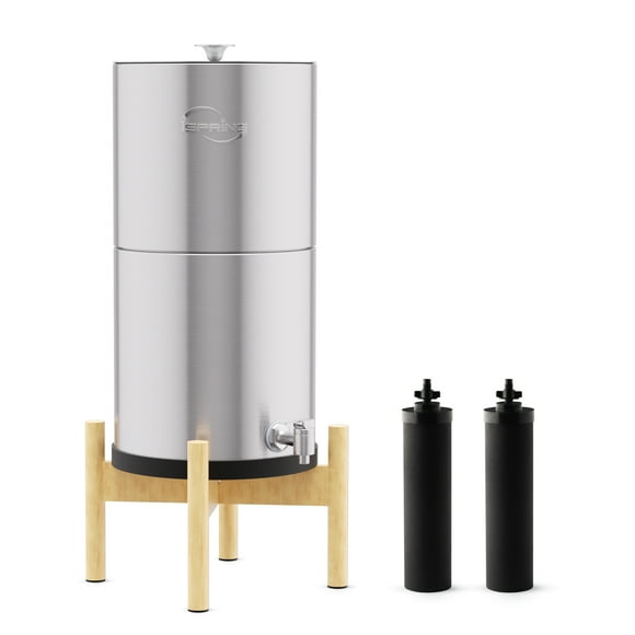 iSpring Gravity-Fed Stainless Steel Countertop Water Filter System with Natural Wood Base,3.17 Gallons with 2 Activated Carbon Water Filters,Chlorine Reduction,Portable Water Filter for Home and Party