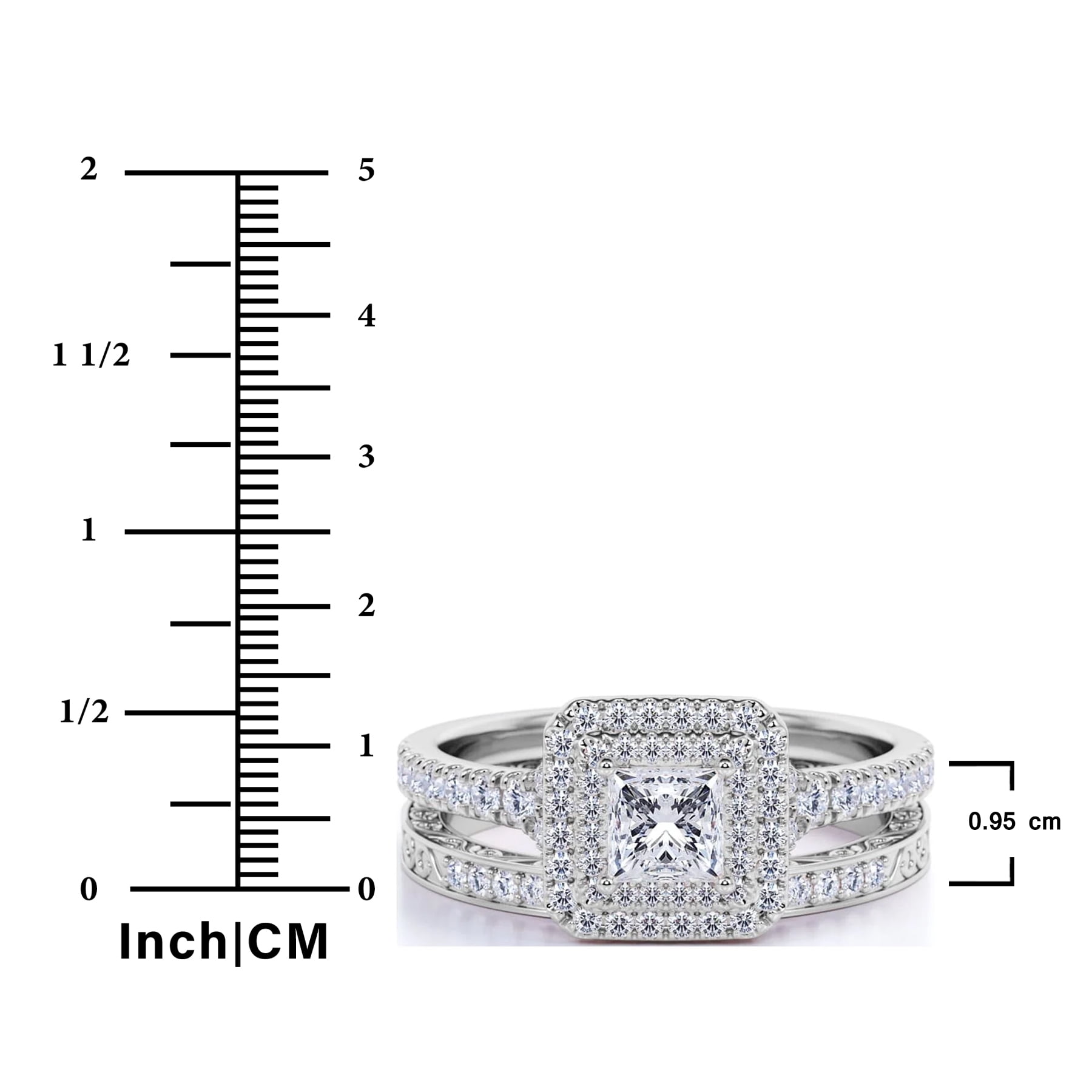 JeenMata 1.75 ct - Square Cut Moissanite - Pave Set - Split Band - Double Halo Engagement Ring - Bridal Set - 18K White Gold Plating for Women