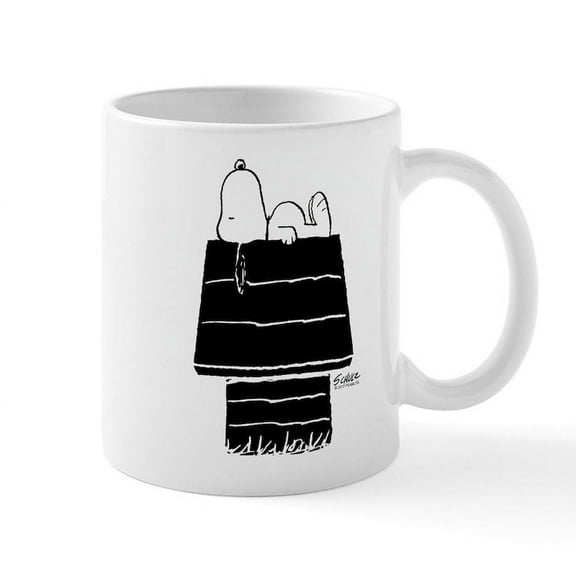 CafePress - Snoopy On House Black And White - 11 oz Ceramic Mug - Novelty Coffee Tea Cup