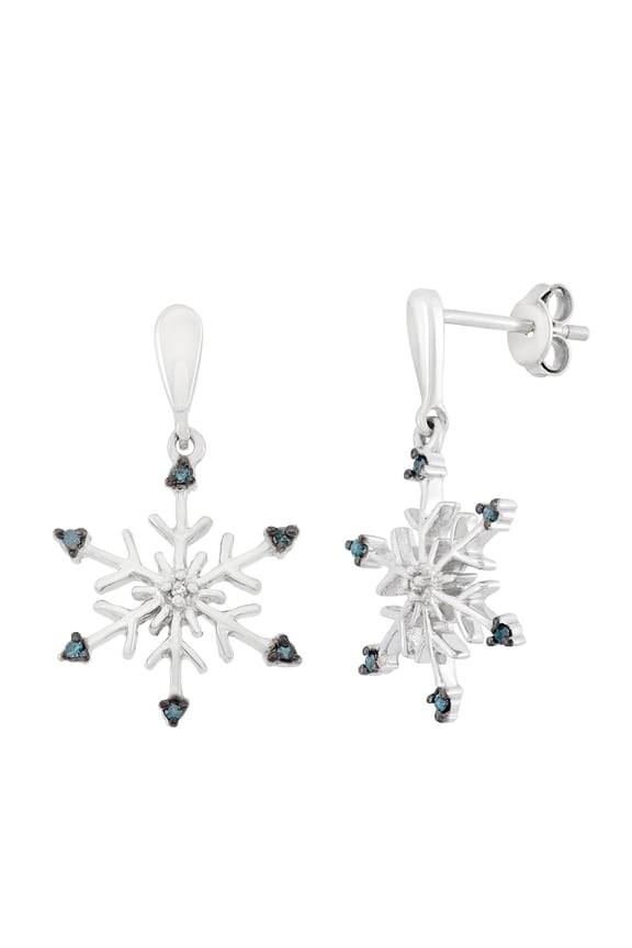 Sterling Silver Blue and White Diamond Dangling Snowflake Earrings (1/12 CTTW)