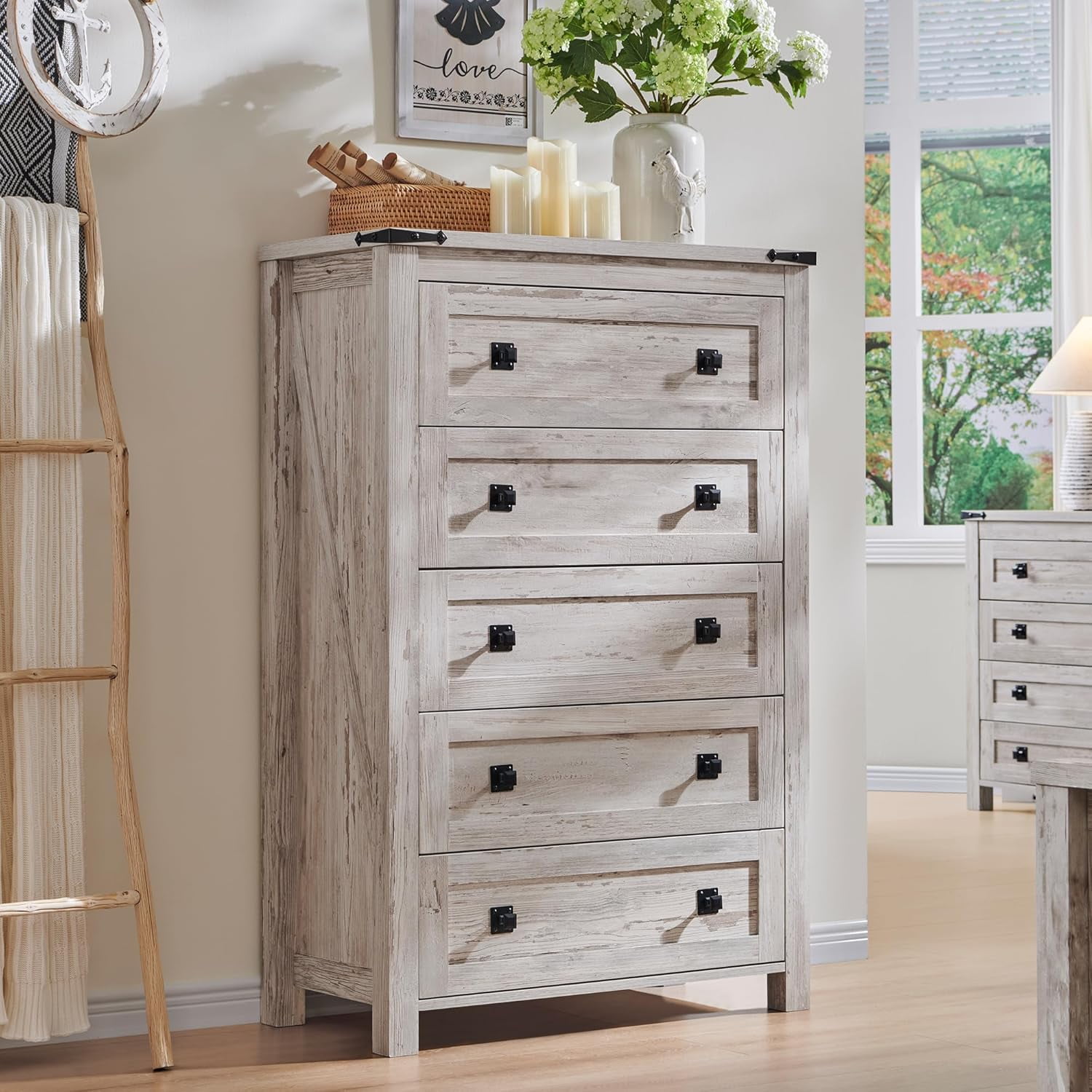 OKD 5 Drawers Dresser Chests for Bedroom Farmhouse, Wood Rustic Tall Chest of Drawers, Antique Brush White