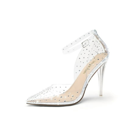 

Women‘s SDPU2204W-1 Crystal Clear High Heels Rhinestone Closed Toe Stiletto Sexy Sparkly Pointed Toe Ankle Strap Transparent Dress Wedding Party Pumps Nude Diamond Clear Women‘s Footwear