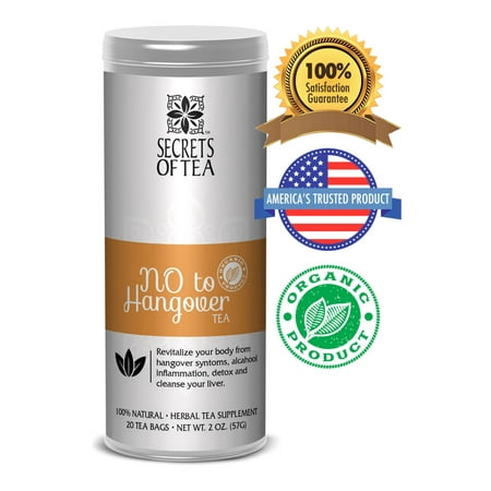 Secrets of Tea - No to Hangover Relief - Certified USDA Organic Body and Liver Detox Herbal Tea w/ Organic Ginger, Peppermint, Turmeric, Lemon Balm & Rooibos (20