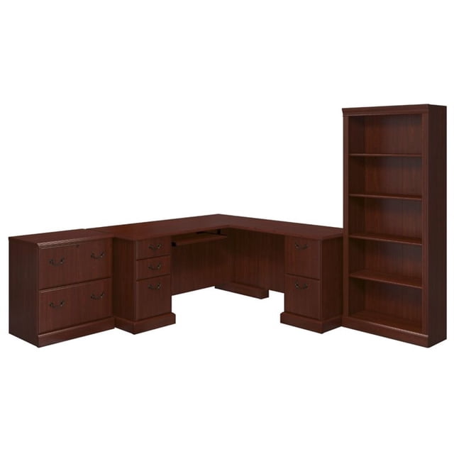 kathy ireland Office L Desk with Lateral File and Bookcase in Cherry