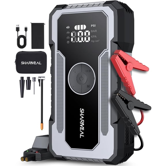 SHARMEAL 6000A Jump Starter Power Pack with 150PSI Air Compressor, 12V Portable Car Battery Booster(10.0L Gas/9.0L Diesel), Car Starter Power Bank with Jump leads, LCD Screen, Emergency Light
