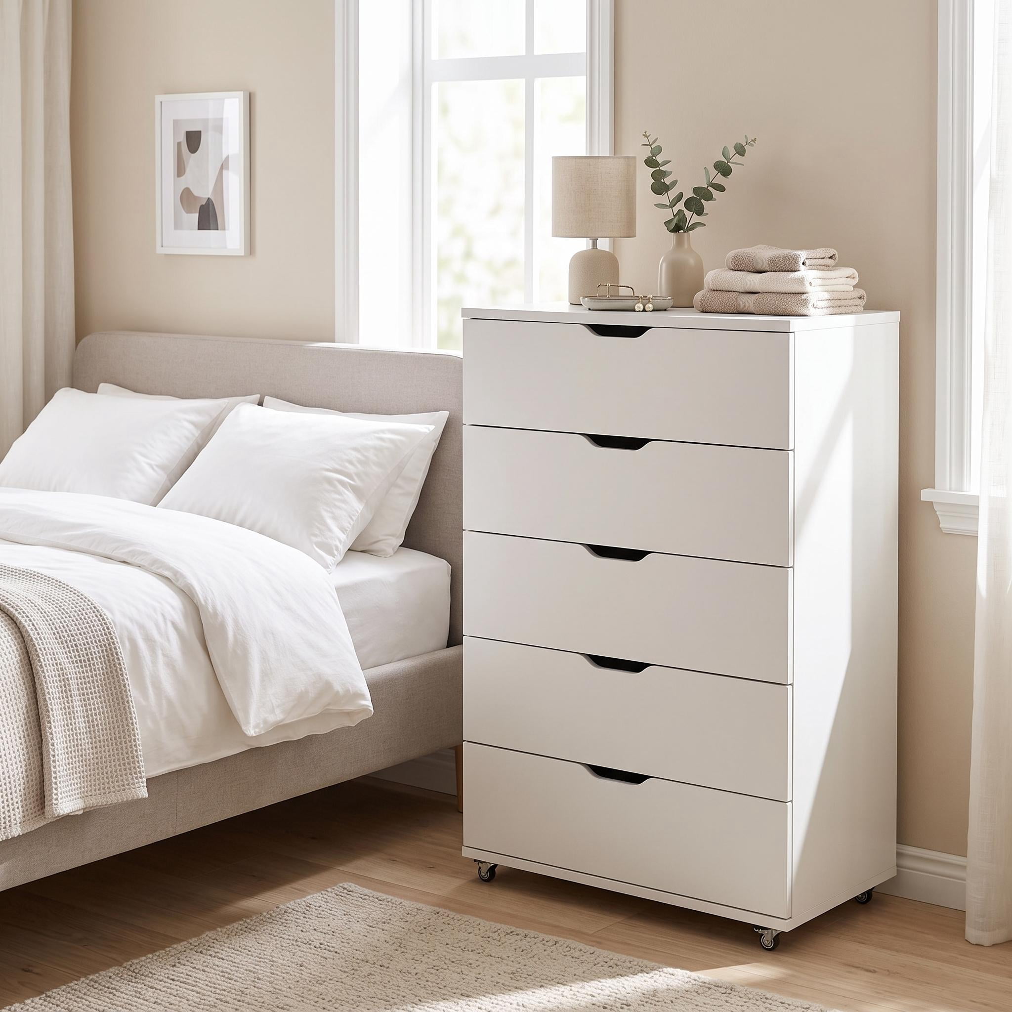 Homy Casa White 5 Drawer Dresser on Wheels for Bedroom Closet Office Storage