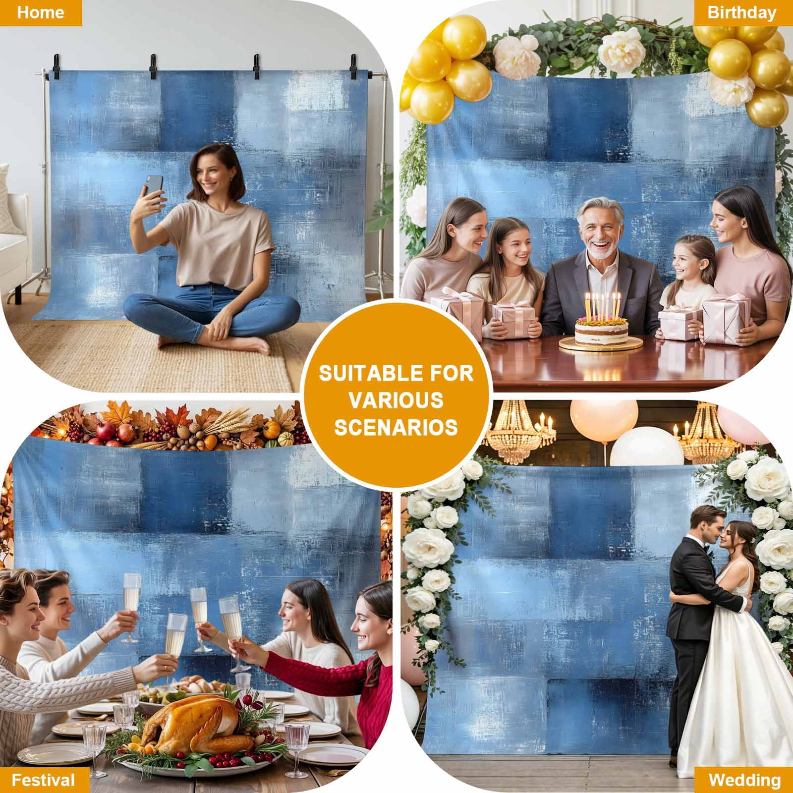 Blue Backdrop for Photography,Fabric Photo Background Backdrop,Ombre Oil Painted Retro Abstract Art Modern Photo Booth Background for Portrait Photoshoot Video Wedding Studio Decoration Banner 7x5ft
