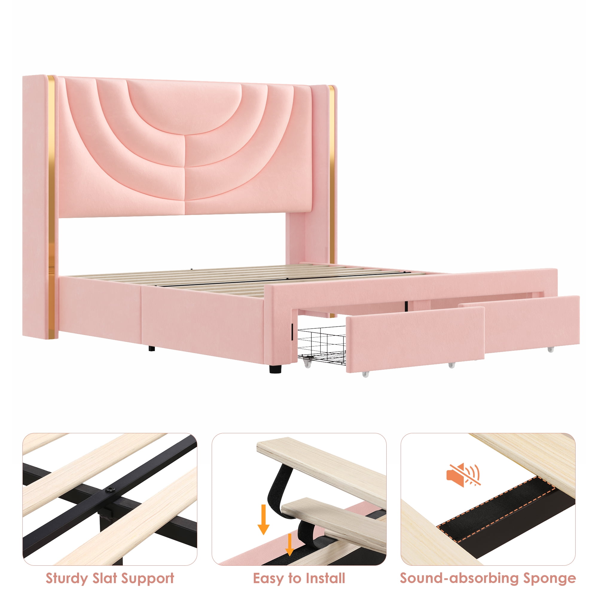 Homfa Full Size LED Bed Frame with 2 Drawer Storage, Wingback Platform Bed with Velvet Upholstered Headboard, Pink