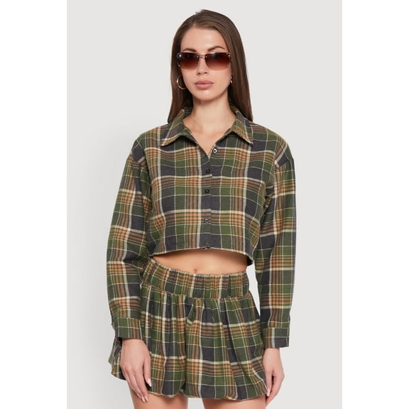 Womens Plaid Flannel Cropped Long Sleeve Shirt