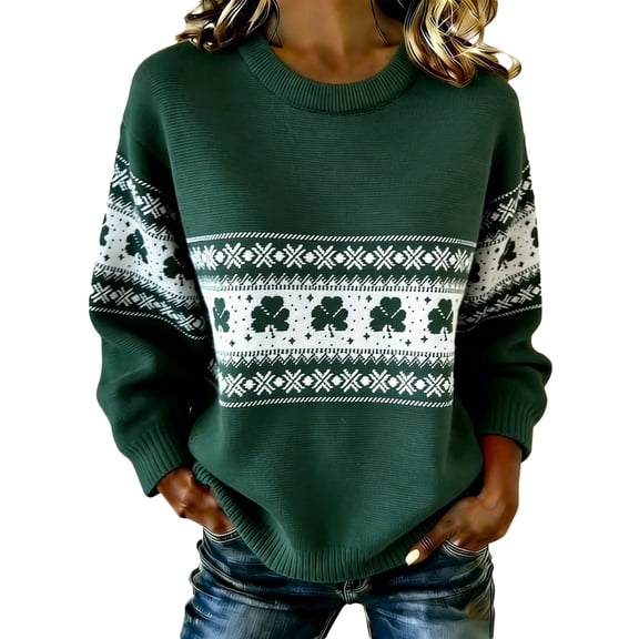 Women's St. Patrick's Day Sweatshirts 2026 Shamrock Printed Crewneck Knit Sweaters Long Sleeve Pullover Casual Y2K Spring Tops