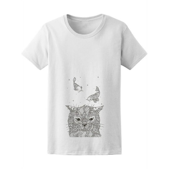 Cat And Fish Floral Doodle T-Shirt Women -Image by Shutterstock, Female Small