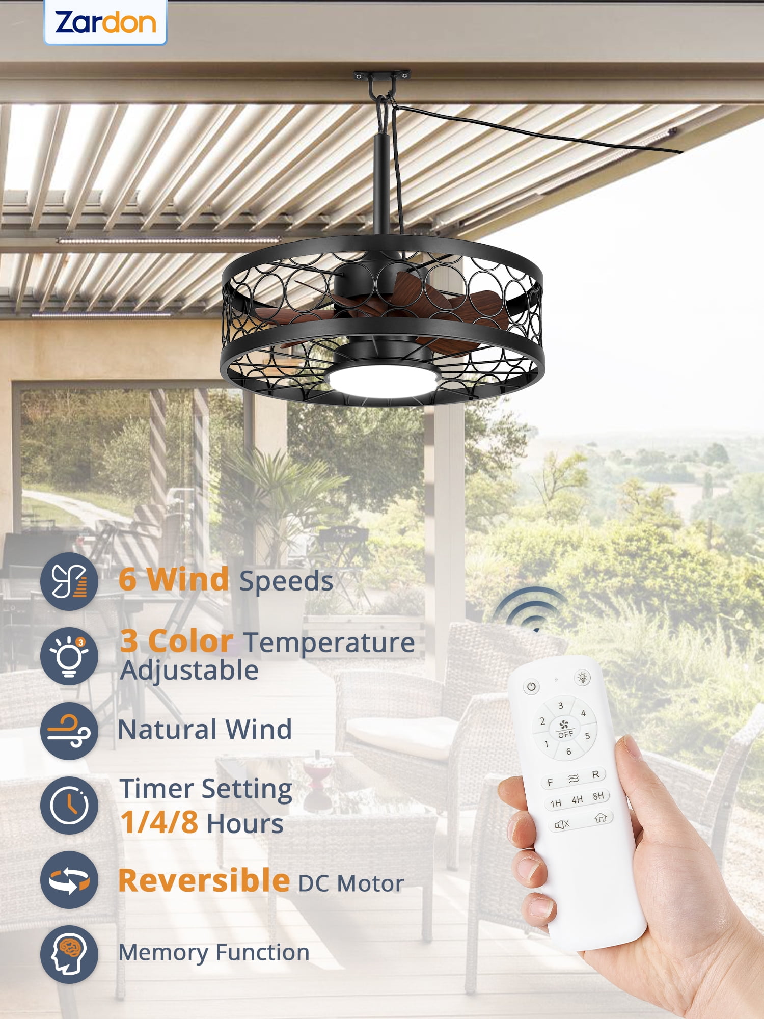 Zardon 20in Outdoor Ceiling Fans with Light and Remote Control, Caged Canopy Fan with Plug in Cord for Porch, Patio, Gazebo, Waterproof, Black
