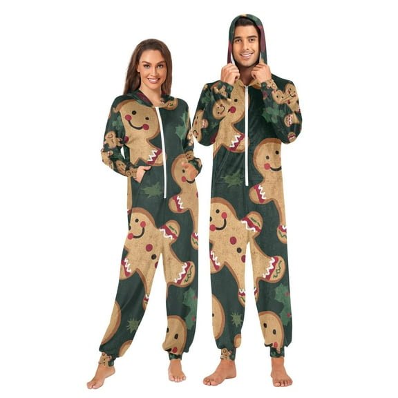 Gingerbread Men Hearts Adult Unisex Onesie Pajamas Slim Fit One Piece Suit Pjs Sleepwear Pajama Jumpsuit