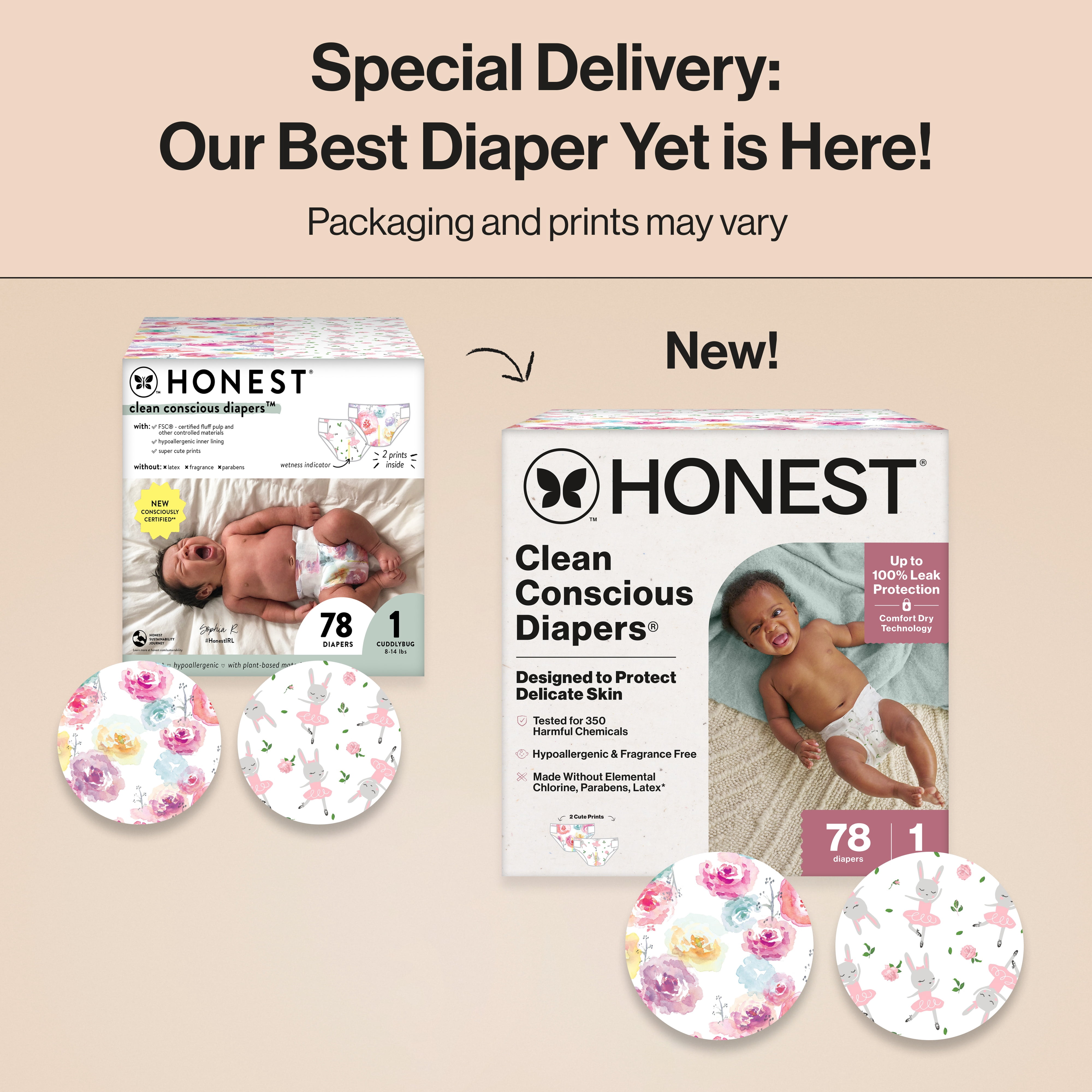 The Honest Company Clean Conscious Diapers® Up to 100% Leak Protection Designed to Protect Delicate Skin Hypoallergenic + Fragrance Free Rose Blossom + Tutu Cute, Size 1, 78 Count