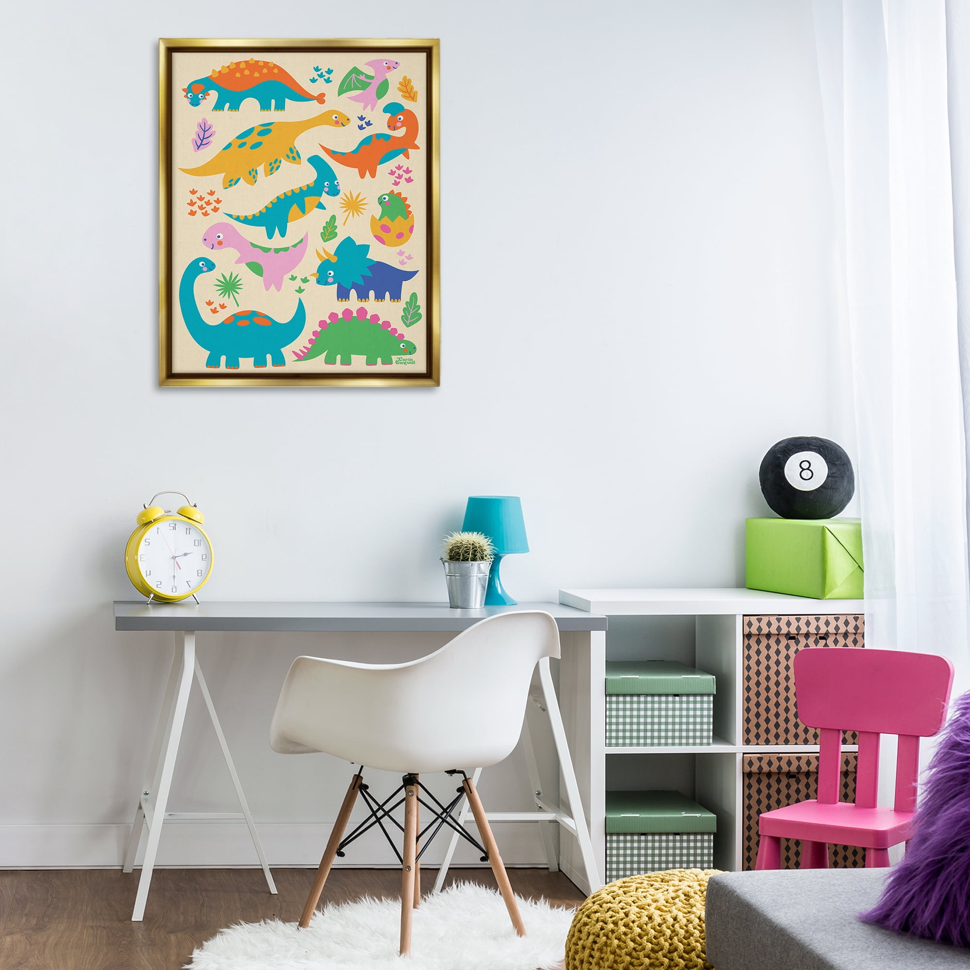 Stupell Industries Cute Whimsy Dinos Animals Painting Gold Floater Framed Canvas Art Print Wall Art, 25 x 31