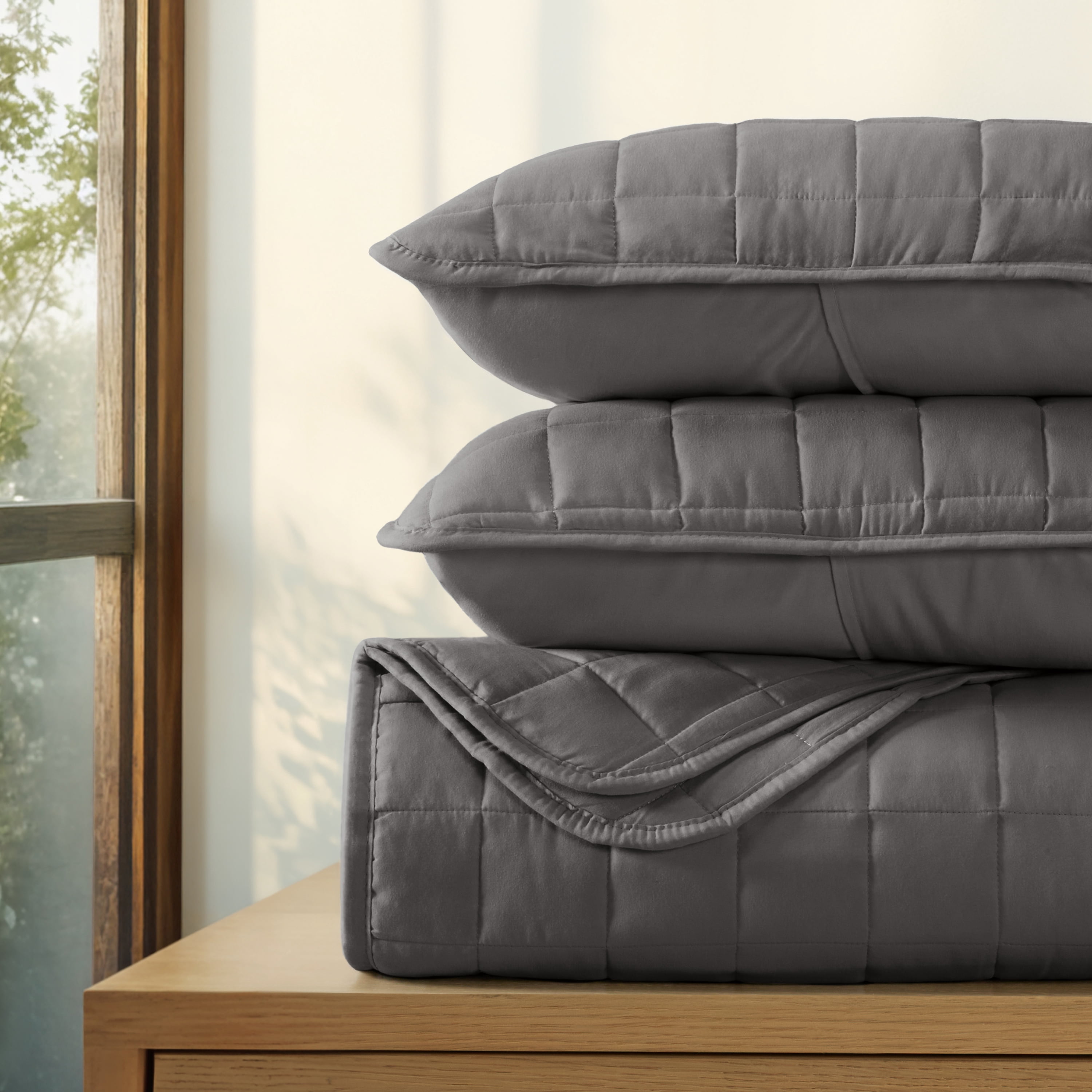 Noble Linens Gray Square Pattern Quilted Coverlet Set, Twin / Twin XL