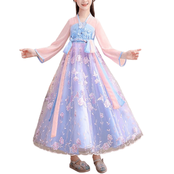 Esaierr Girls Traditional Hanfu Dress Toddler Embroidery Long-Sleeved Performance Outfit 2-14Y