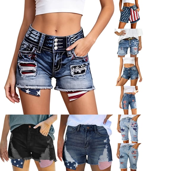 Y-Sunset Women's American Flag Ripped Denim Shorts, Mid Rise Distressed Jean Shorts with Pockets, Casual Summer Shorts for 4th of July(Blue/L)