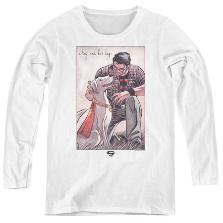 Trevco Sportswear SM2386-WL-4 Womens Superman & Mans Best Friend Long Sleeve T-Shirt, White - Extra