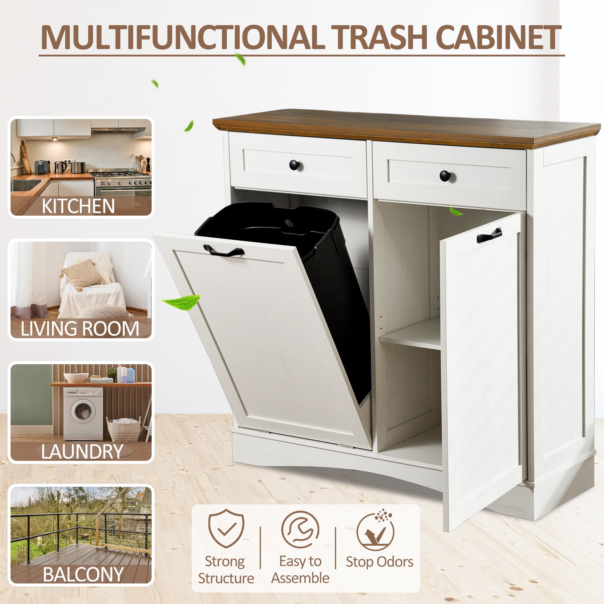 HARIPUL 13 Gallon Tilt Out Trash Cabinet Waste Bins Hidden Trash Bin with Drawer & Adjustable Shelf & for Kitchen, Antique White