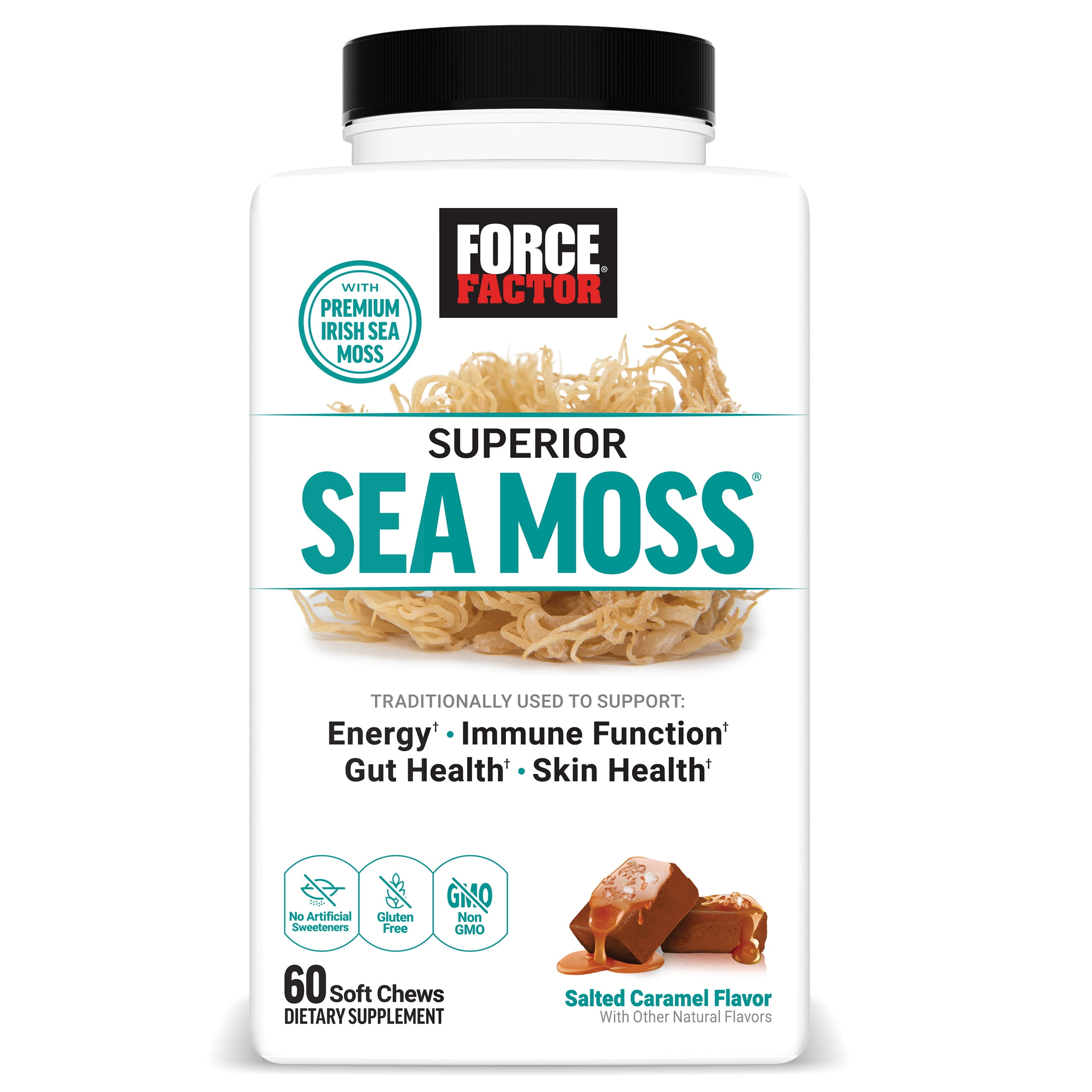 (3 pack) Force Factor Superior Sea Moss, Irish Sea Moss for Energy, Immune Function, Gut & Skin Health, Gluten Free, Non-GMO, Salted Caramel, 60 Soft Chews
