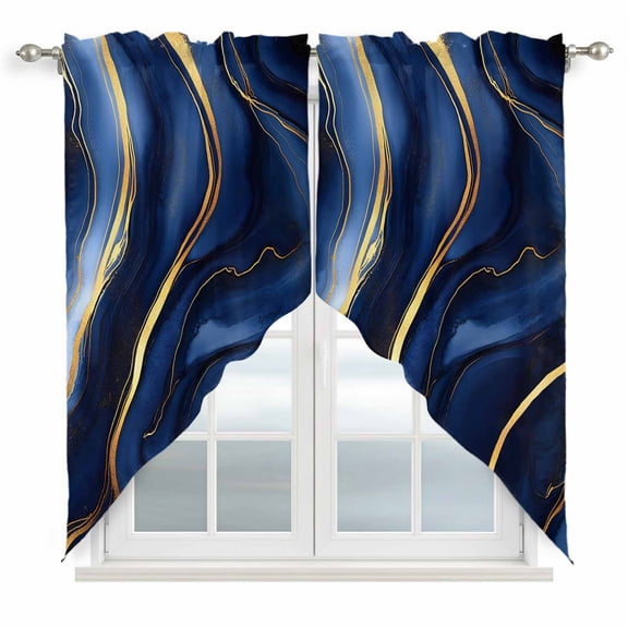 Marble Navy Blue Kitchen Window Curtains, Swag Curtains Valance for Bedroom Living Room Bathroom, Modern Golden Ombre Retro Fluid Art Rod Pocket Window Treatment Curtain Block Drapes 2 Panels 36"x63"