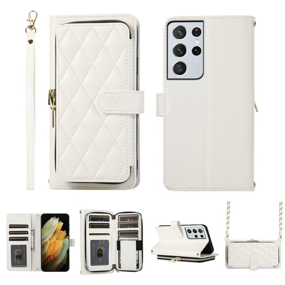 Crossbody Wallet Case for Samsung Galaxy S21 Ultra Chain Lanyard & Wrist Hand Strap Case with Card Slots Zipper Pocket Kickstand, Premium PU Leather Magnetic Clasp Shockproof Flip Cover, White
