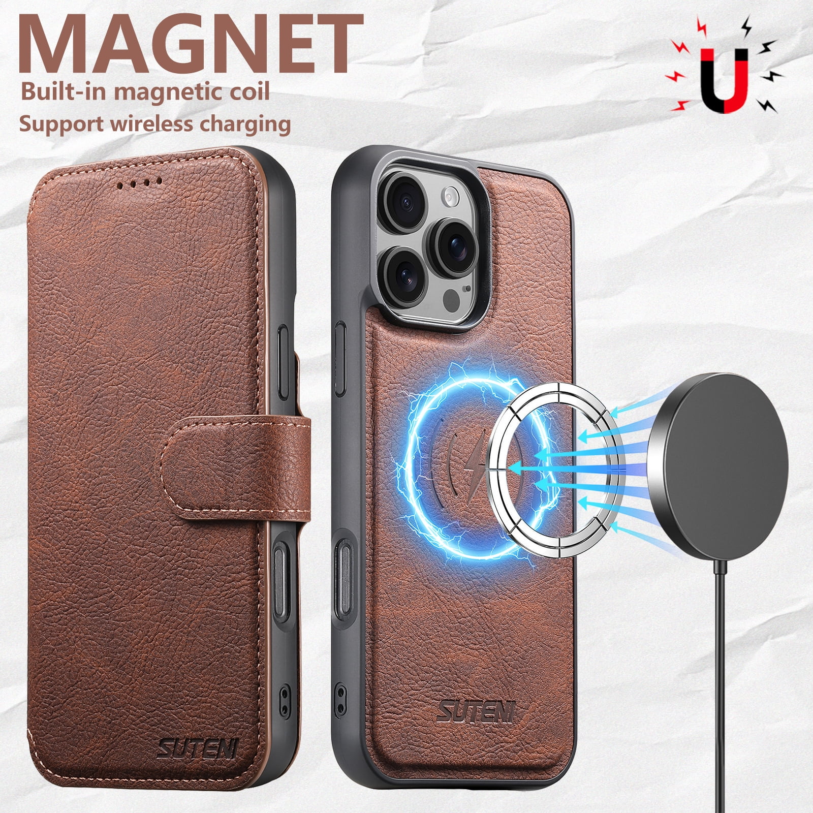 For iPhone 15 Pro Max Wallet Phone Case,Magnetic Detachable PU Leather Flip Design,Compatible with Mag-Safe,With Card Slots,Kickstand,Magnetic Closure Shockproof Anti-Fall Rugged Phone Case,Brown