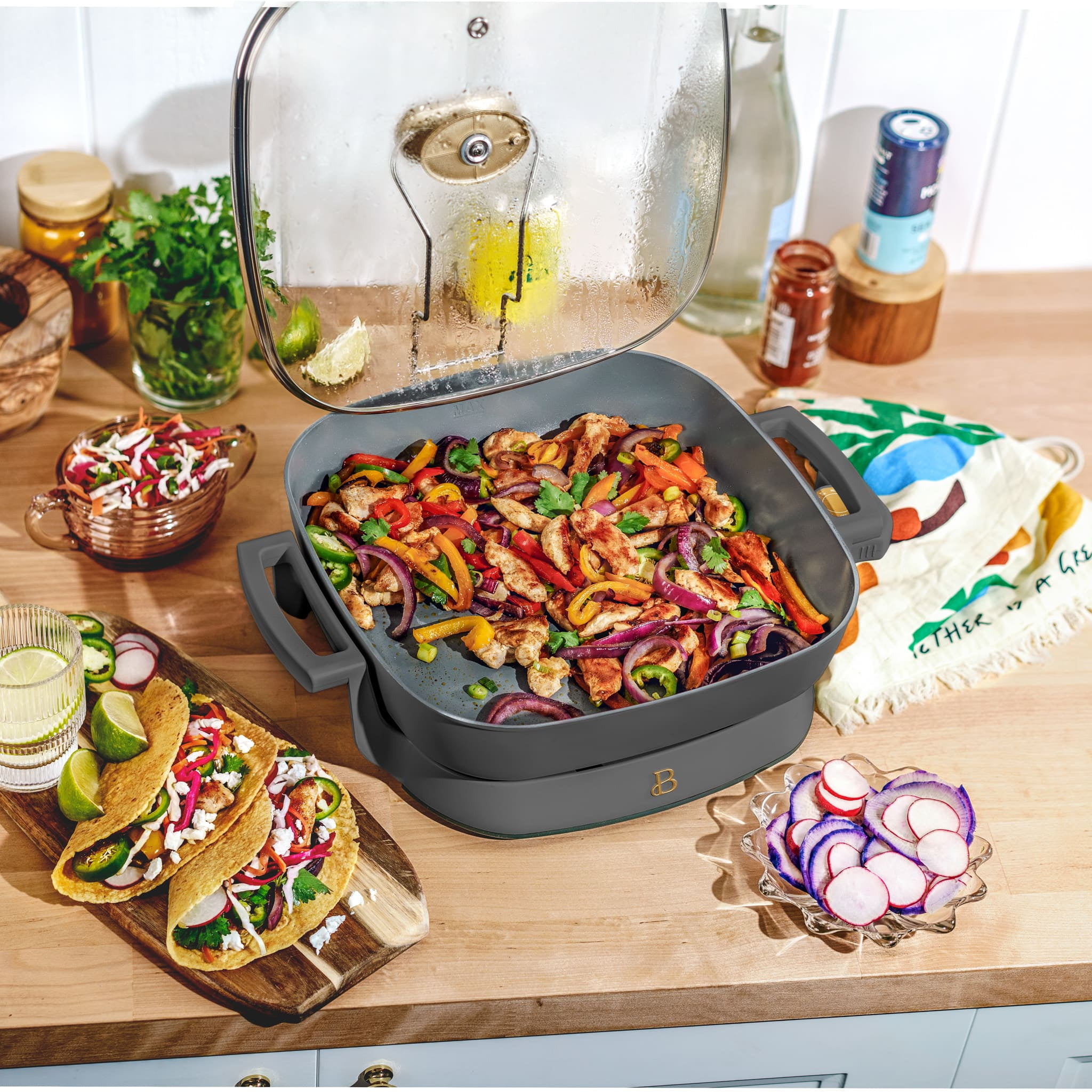 Beautiful 5 in 1 Electric Skillet - Expandable up to 7 Qt with Glass Lid, Oyster Gray by Drew Barrymore