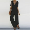 thumbnail image 2 of Fesfesfes Jumpsuit for Women Solid Color V-Neck Romper Casual Broad Legs Chiffon Jumpsuit Body Suit, 2 of 6
