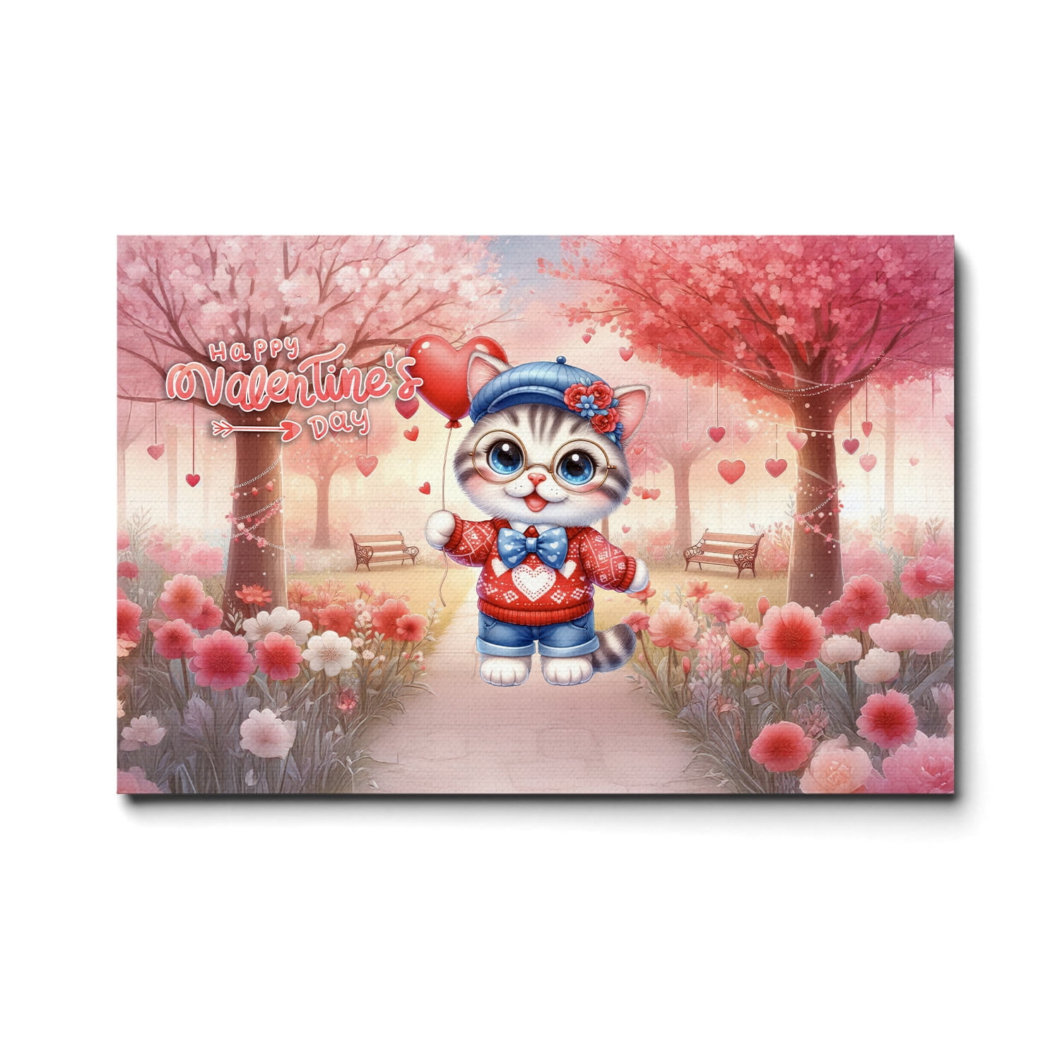 Happy Valentine’s Day Adorable American Shorthair Kitten Holding Heart Balloon Horizontal Matte Canvas Poster Cat Lover Kitten Owner Gifts Wall Art Home Decor - 00030