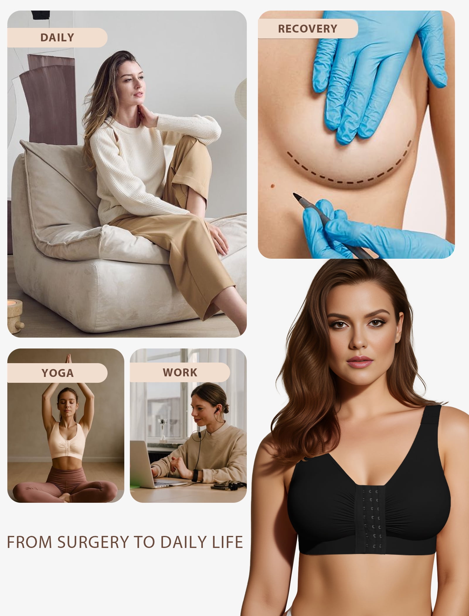 Easybunny Post Surgery Compression Bra - Women's Front Closure Bra with Adjustable Straps Wirefree