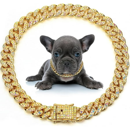 Dog Chain Collar Diamond Link Dog Collar 12 mm Wide Dog Necklace Metal Cat Chain Pet Crystal Collar Jewelry Accessories for Small Medium Large Dogs Cats (Gold  AB Color  12 Inch)