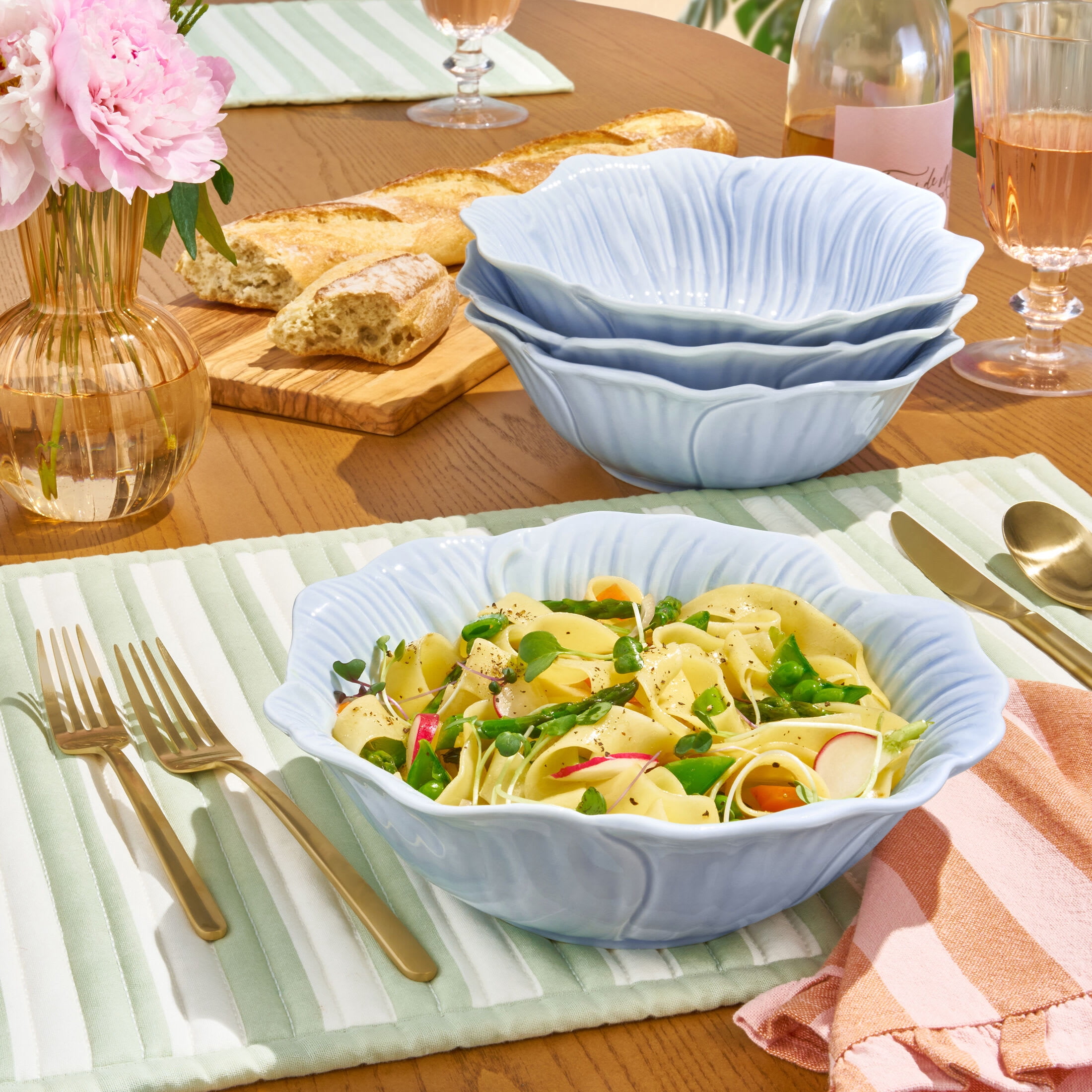 Beautiful by Drew Barrymore Embossed Flower Stoneware 31.5 fl oz Pasta Bowl Set, 4 Piece, Blue